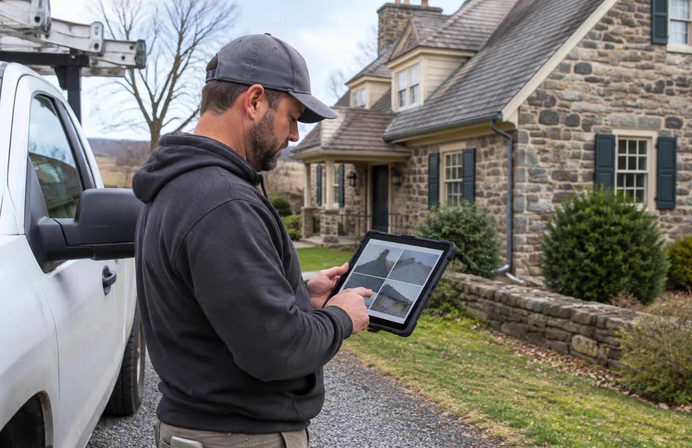 Local roofer reviewing roof photos beside a Bucks County home