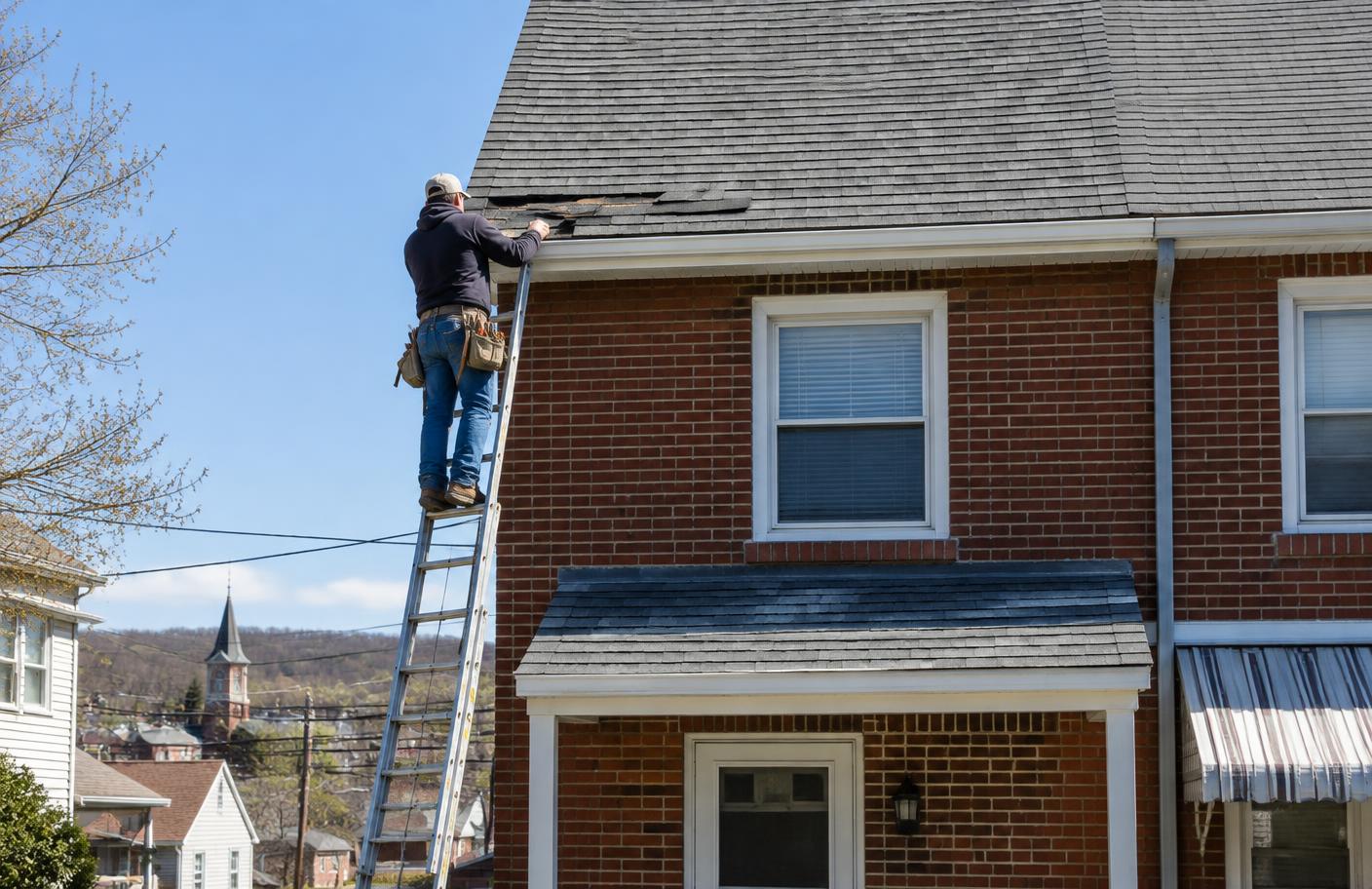 Roofer on a ladder replacing damaged shingles on a brick twin home