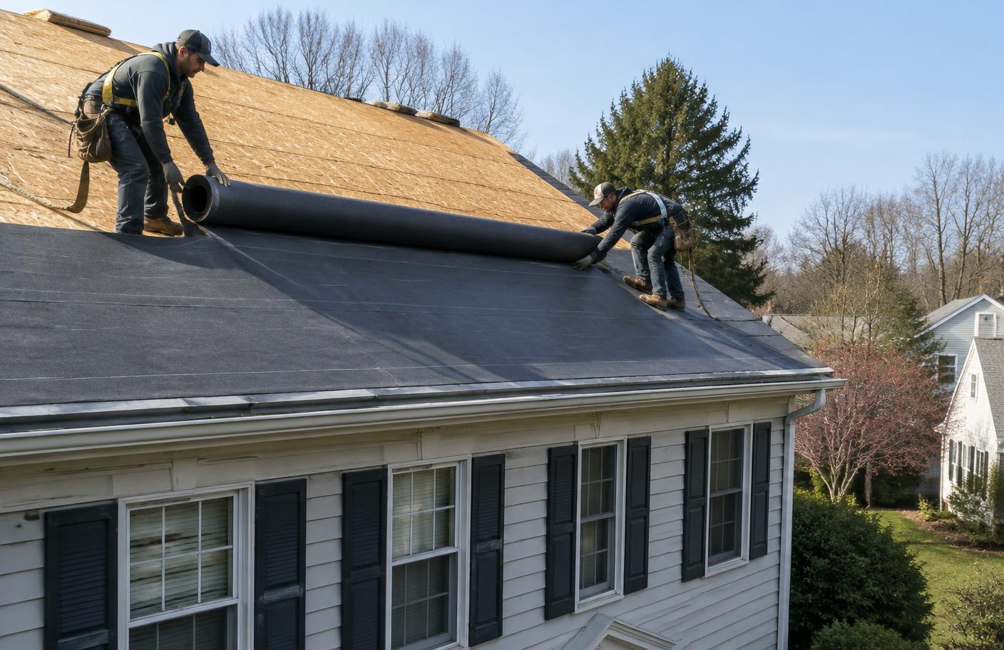 Two roofers rolling out underlayment during a roof replacement