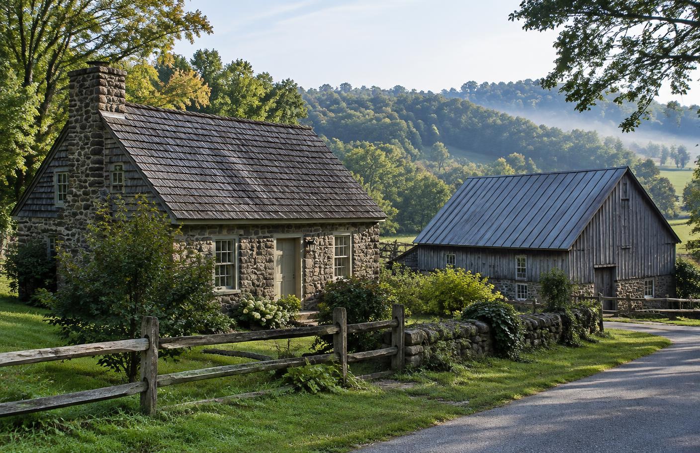 Plumstead cottage and barn with cedar and metal roofs