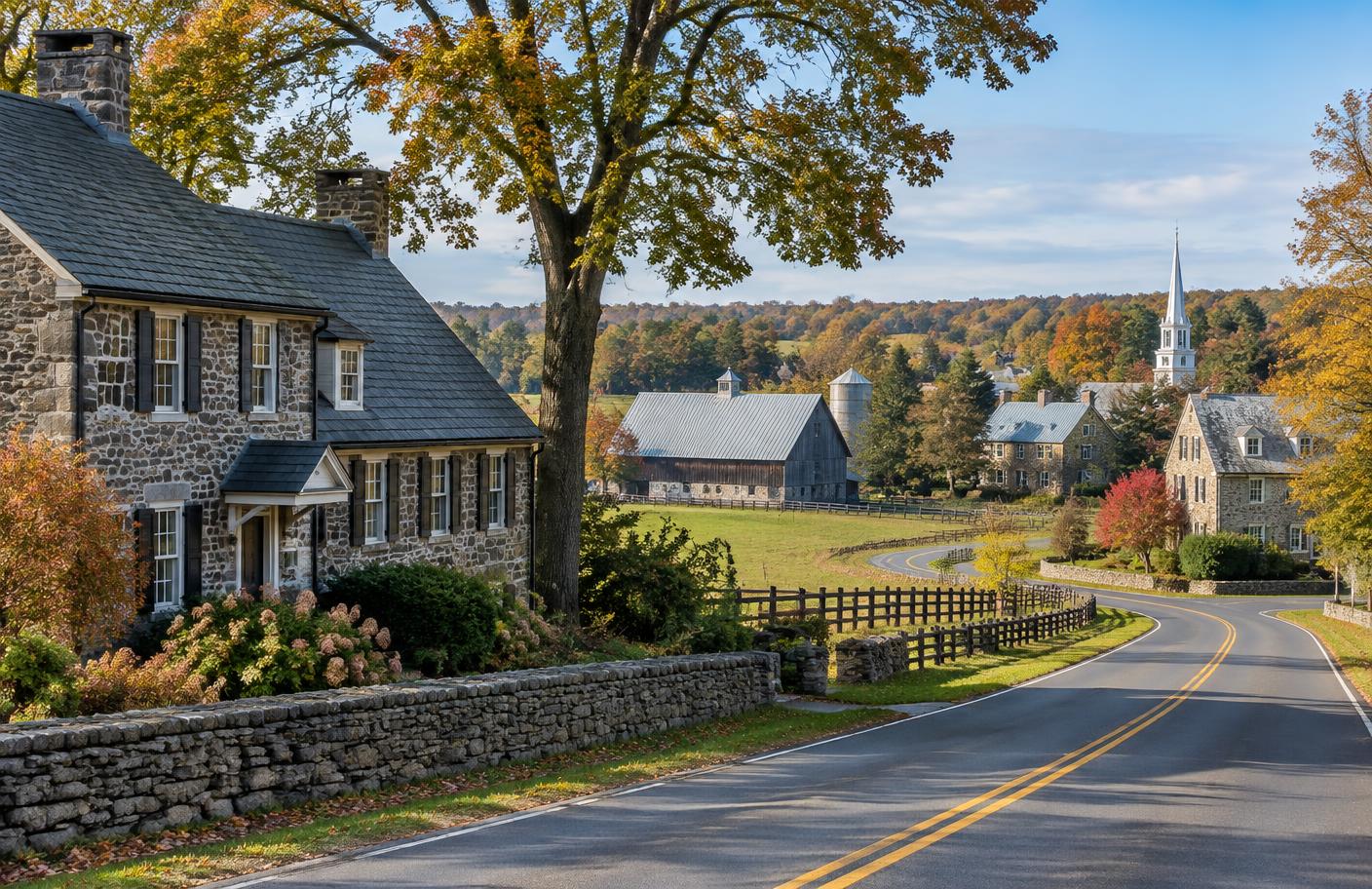 Stone homes, farms, and rooflines across Central Bucks County