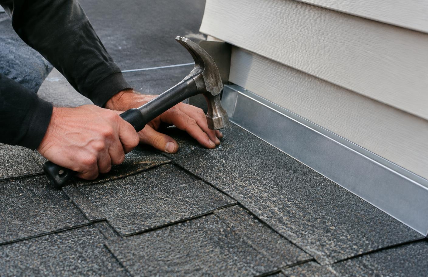 Roofer nailing an architectural shingle beside step flashing