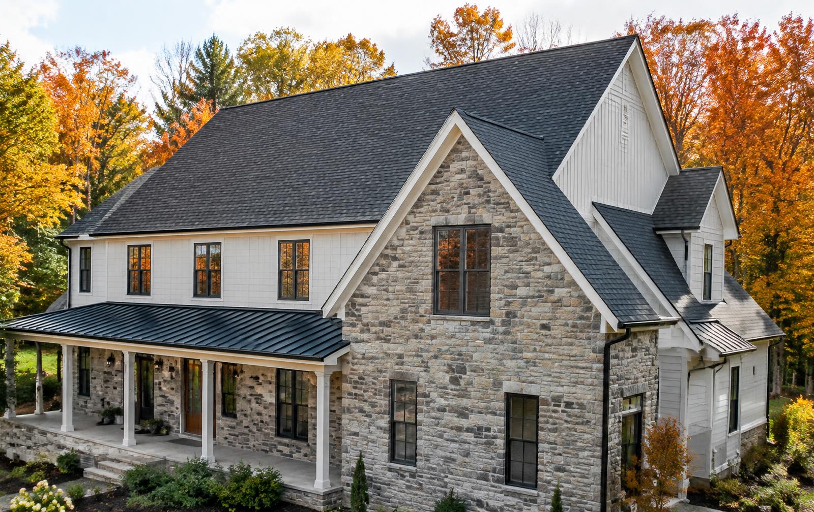 Architectural asphalt shingle roof in autumn