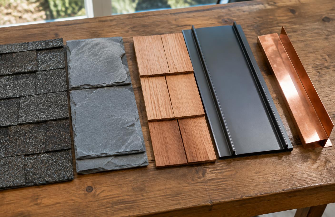 Asphalt shingle, slate, cedar shake, metal panel, and copper flashing samples