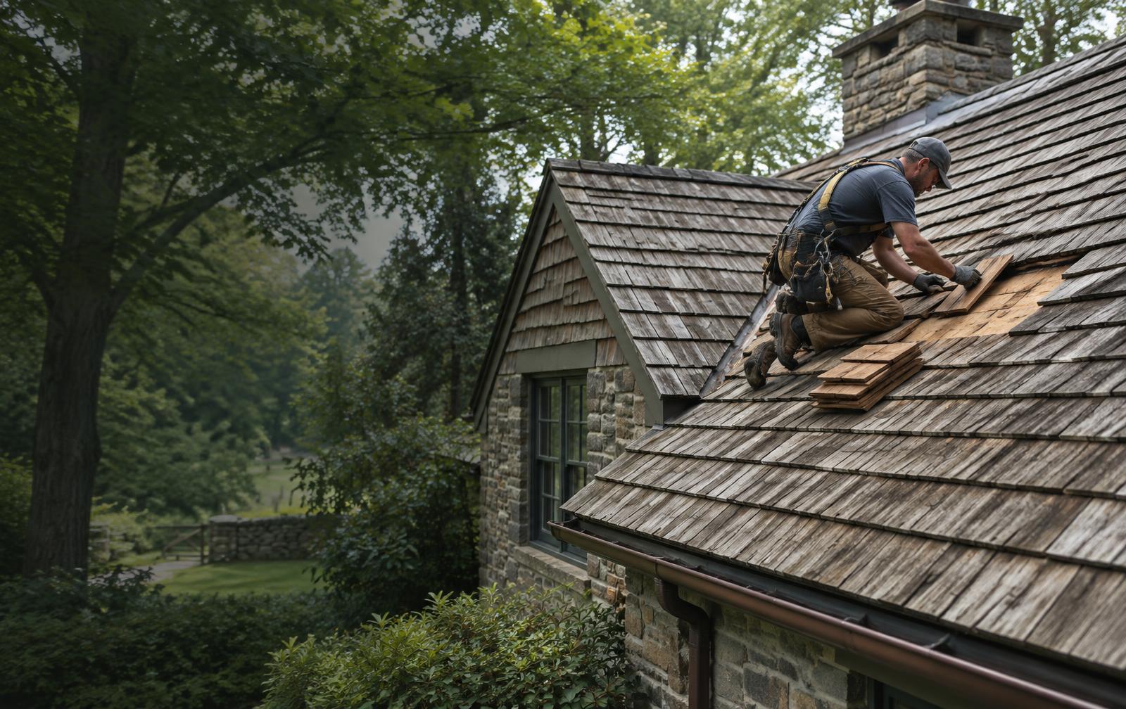 Roofer repairing a weathered cedar shake roof