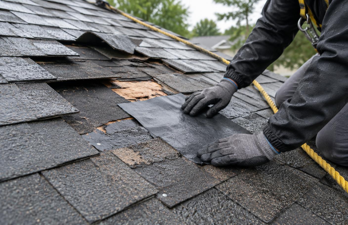 Emergency patch on a storm-damaged shingle roof