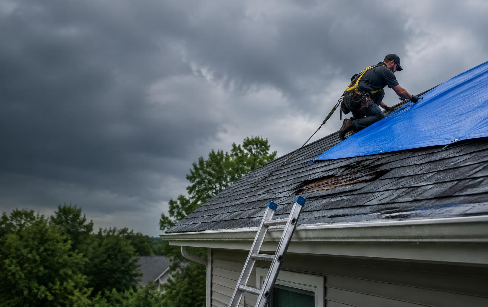 Roofer safely placing a tarp over storm damage