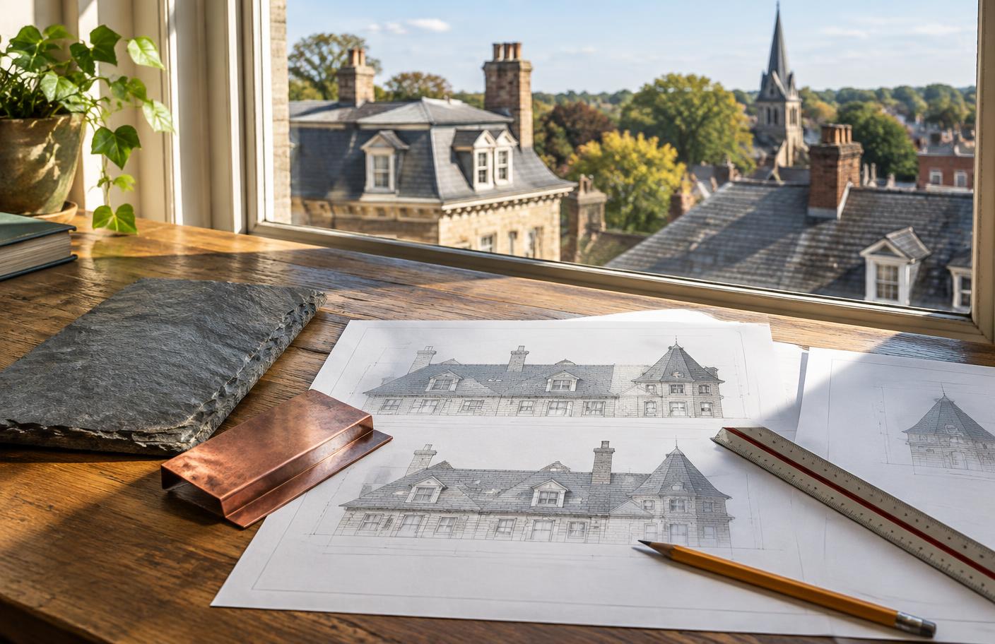 Historic roof plans with slate and copper material samples