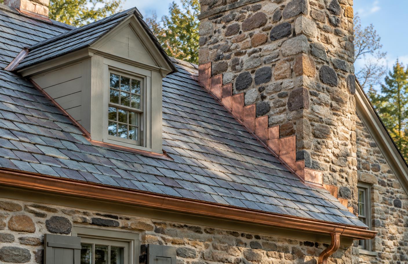Historic slate roof, stone chimney, and copper flashing details