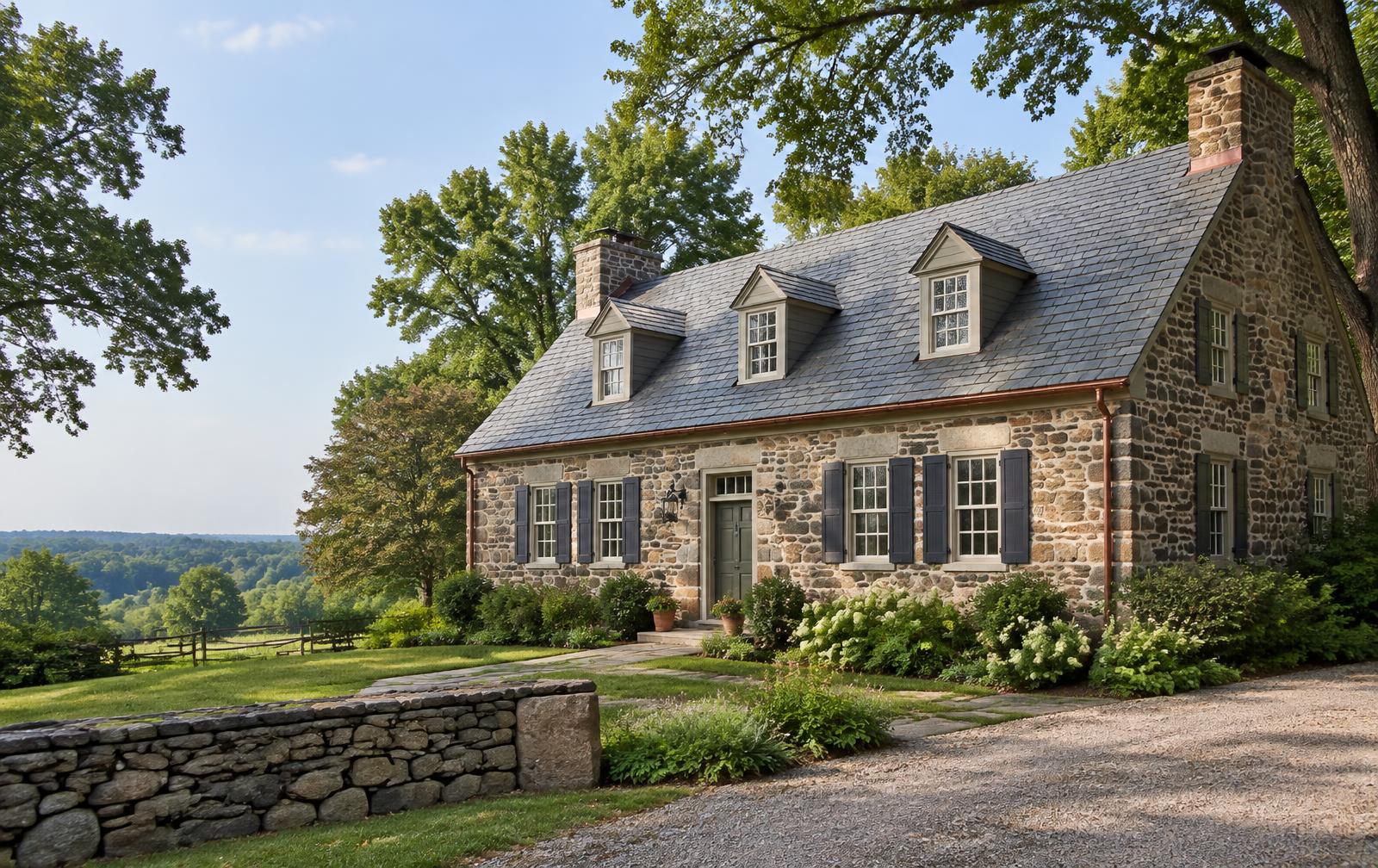 Restored Bucks County fieldstone farmhouse with a slate roof