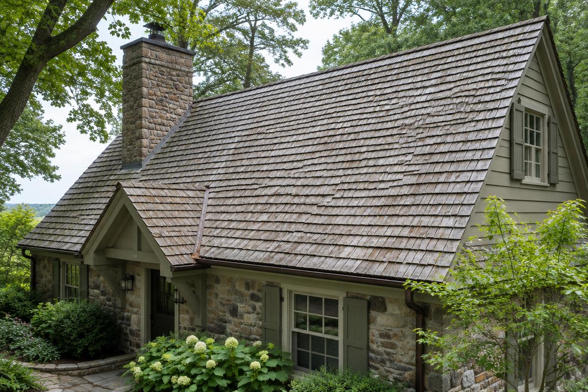 Weathered cedar shake roof on a Bucks County cottage