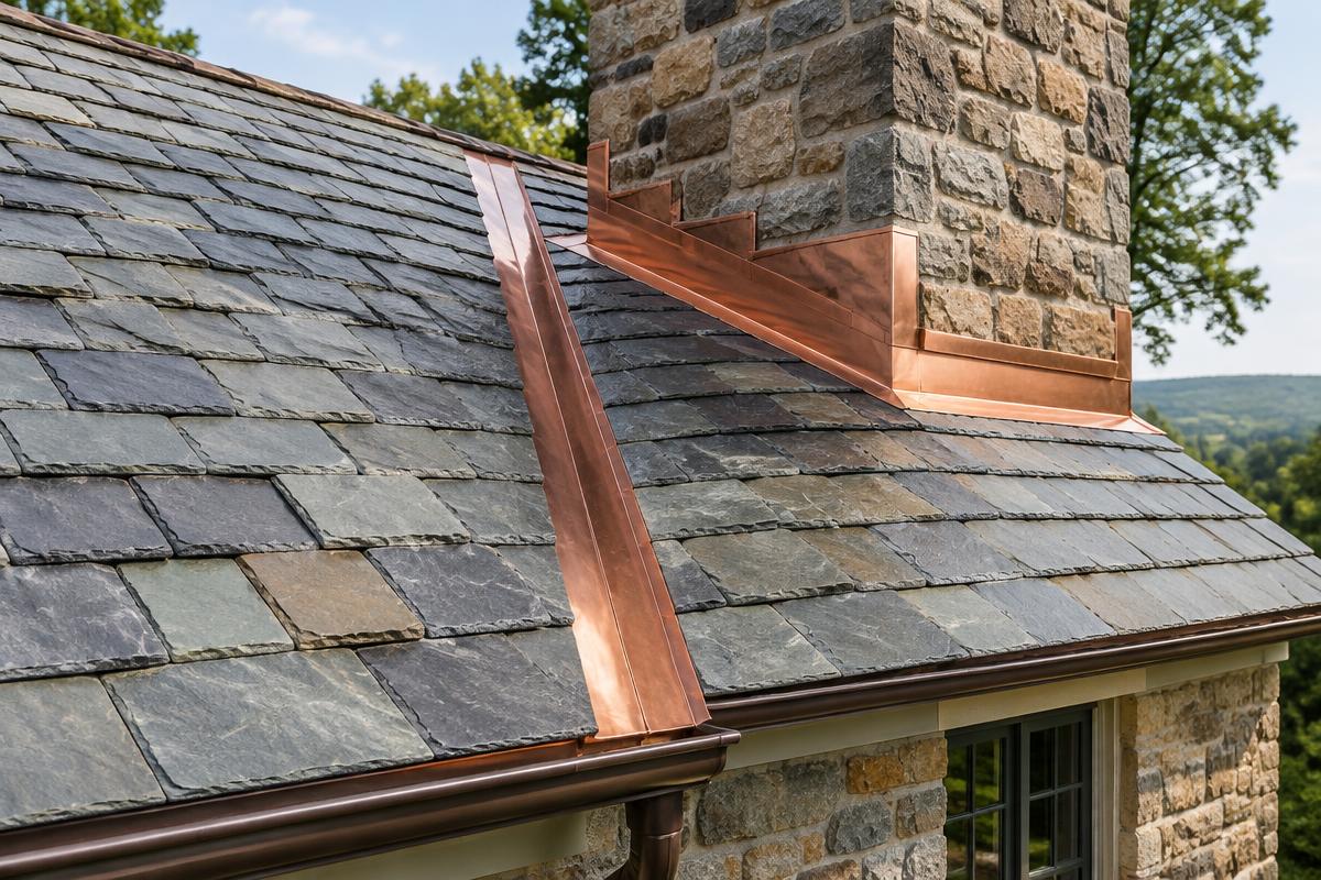 Copper valley and chimney flashing on a slate roof