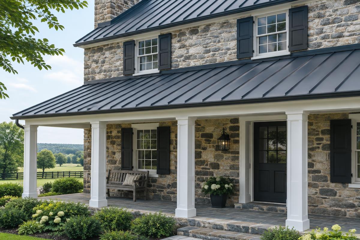 Standing seam metal roof on a stone farmhouse porch
