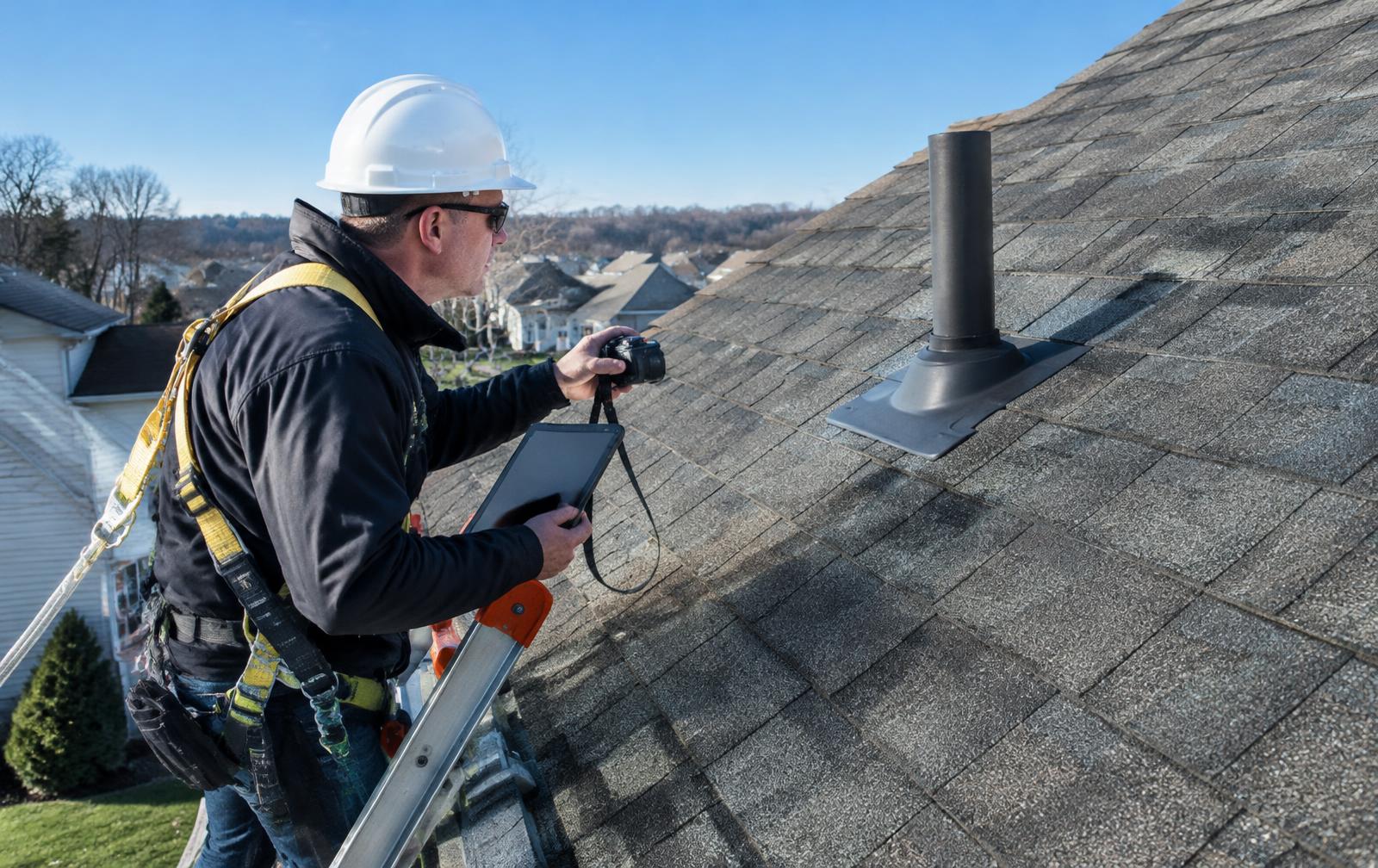 Roofer checking a shingle roof with a camera