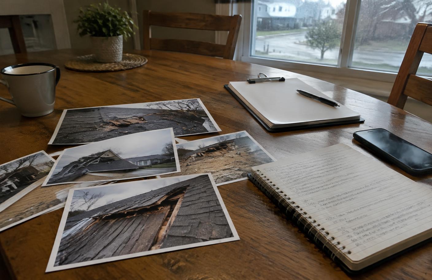 Storm damage photos and dated notes laid out on a kitchen table