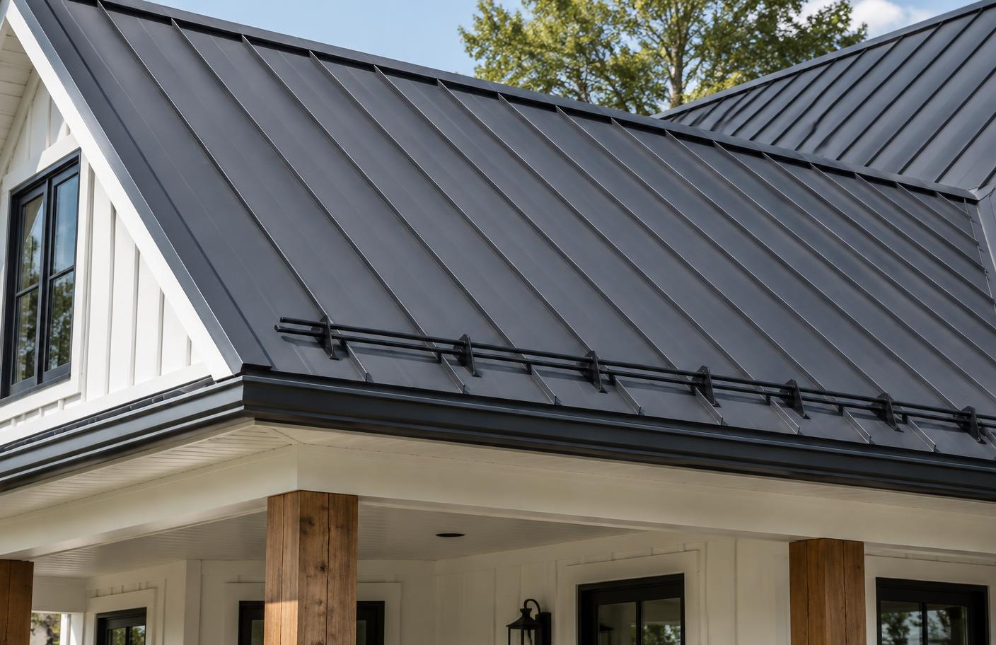 Raised seams and snow guards on a metal roof