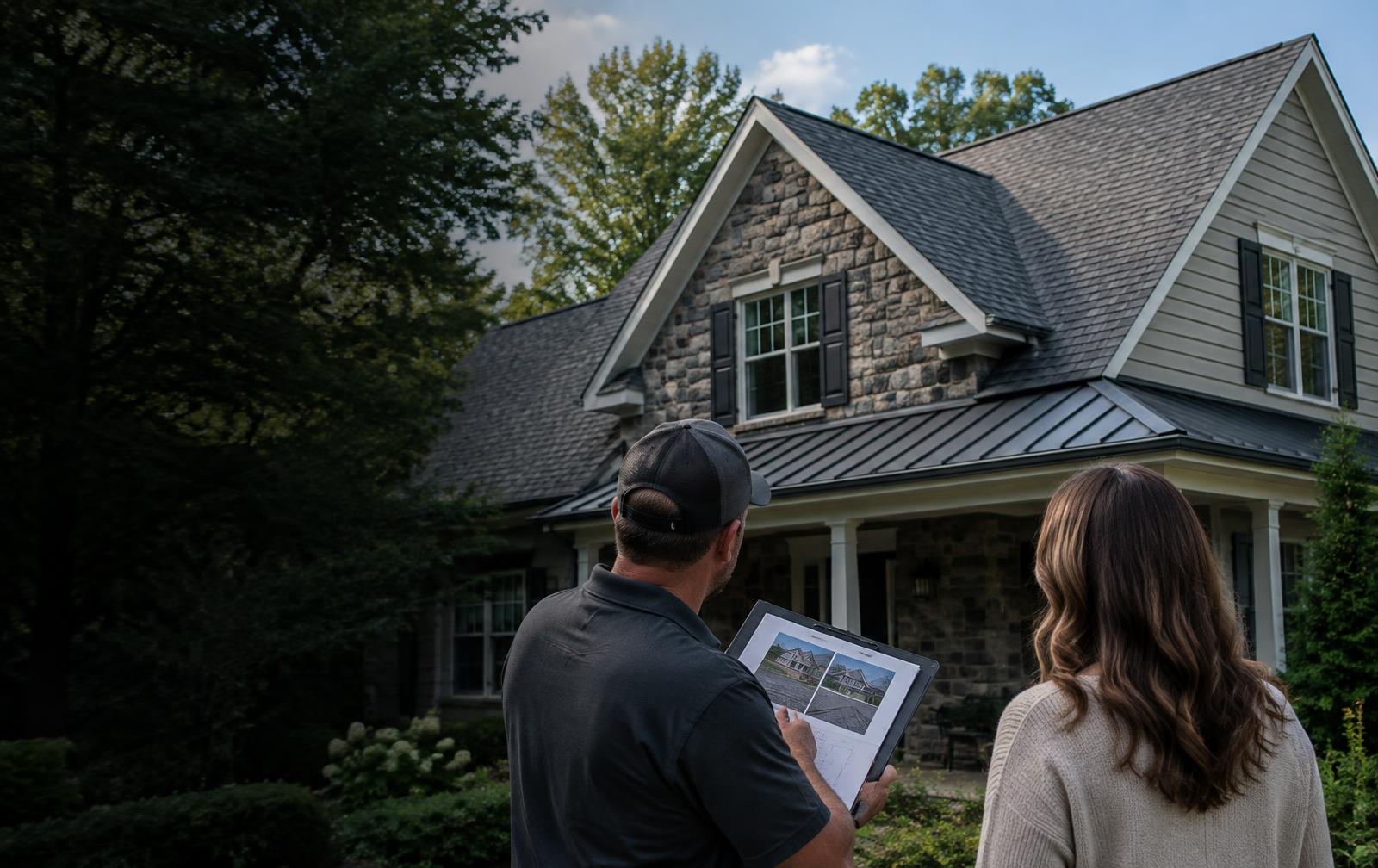 Homeowner and roofer planning the right roof fix