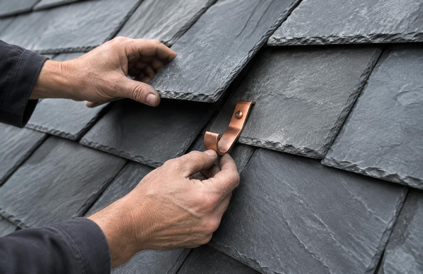 Copper hook holding a replacement natural slate
