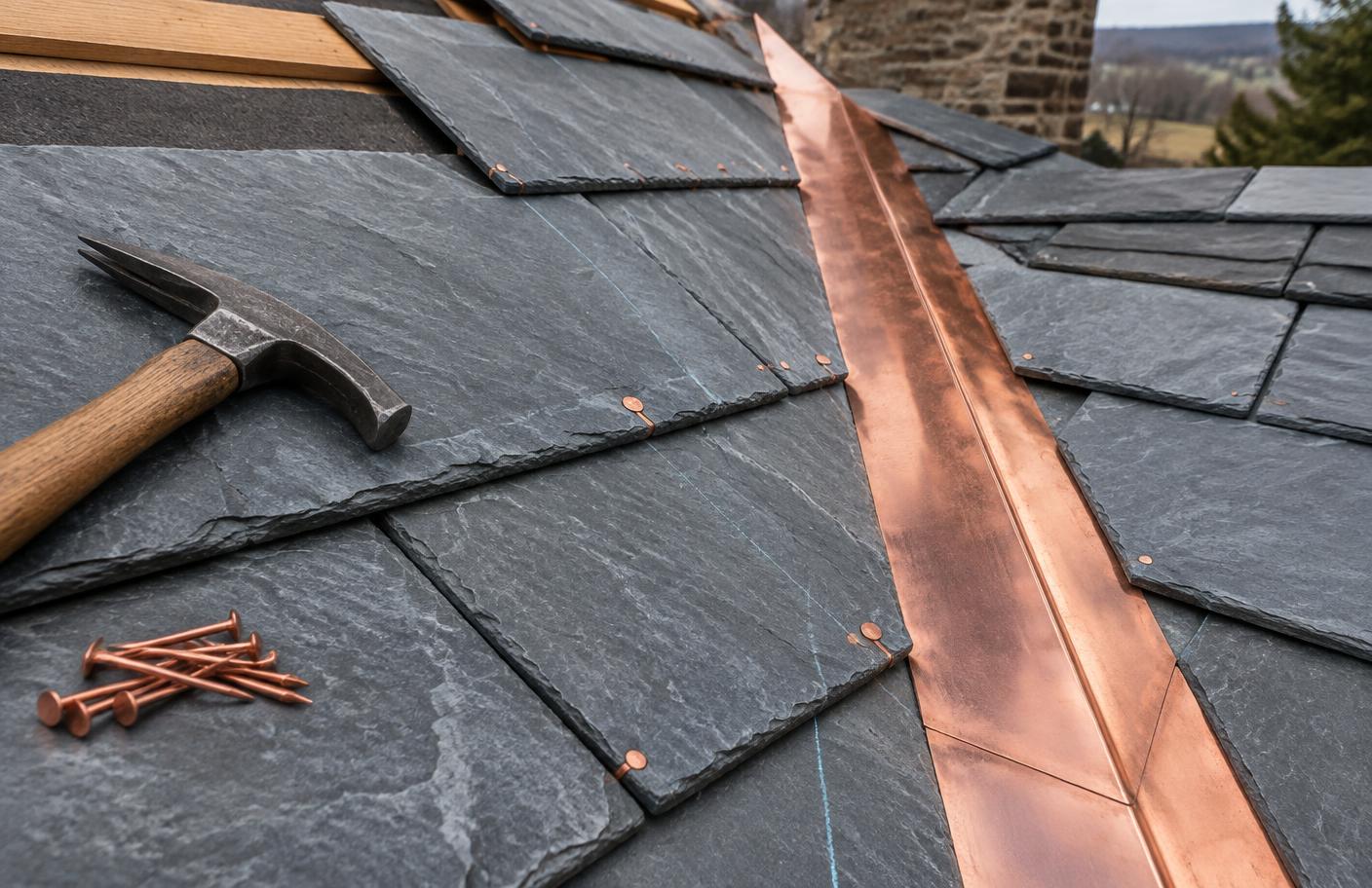Natural slate installation beside a new copper valley
