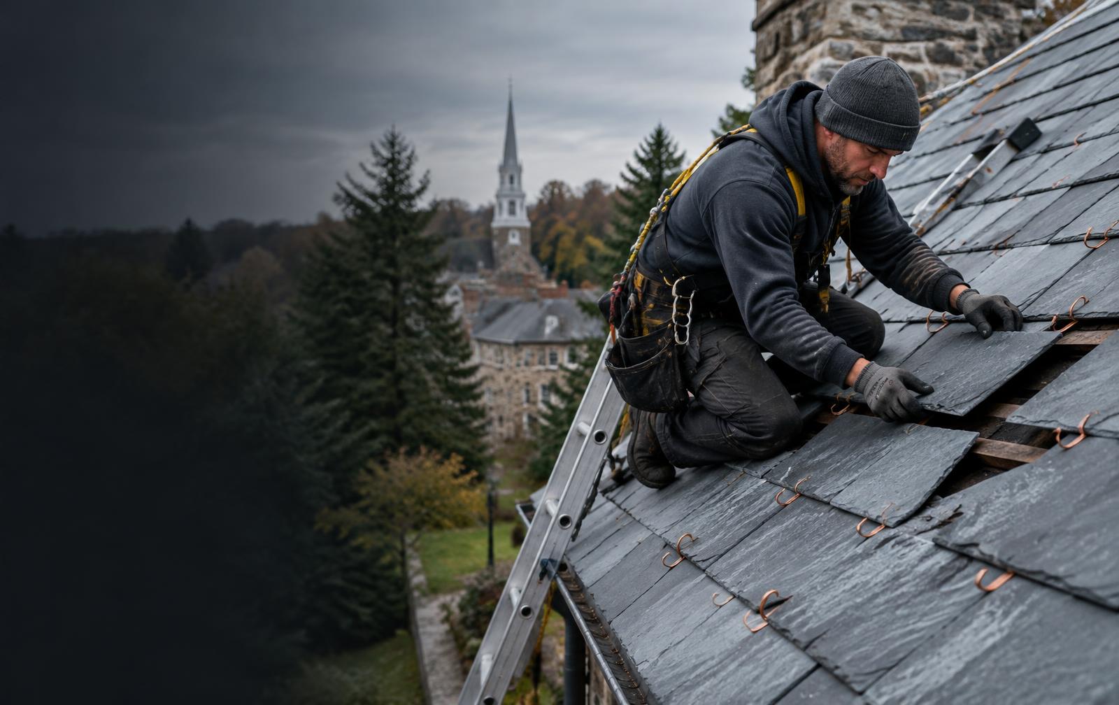 Roofer repairing natural slate with copper hooks